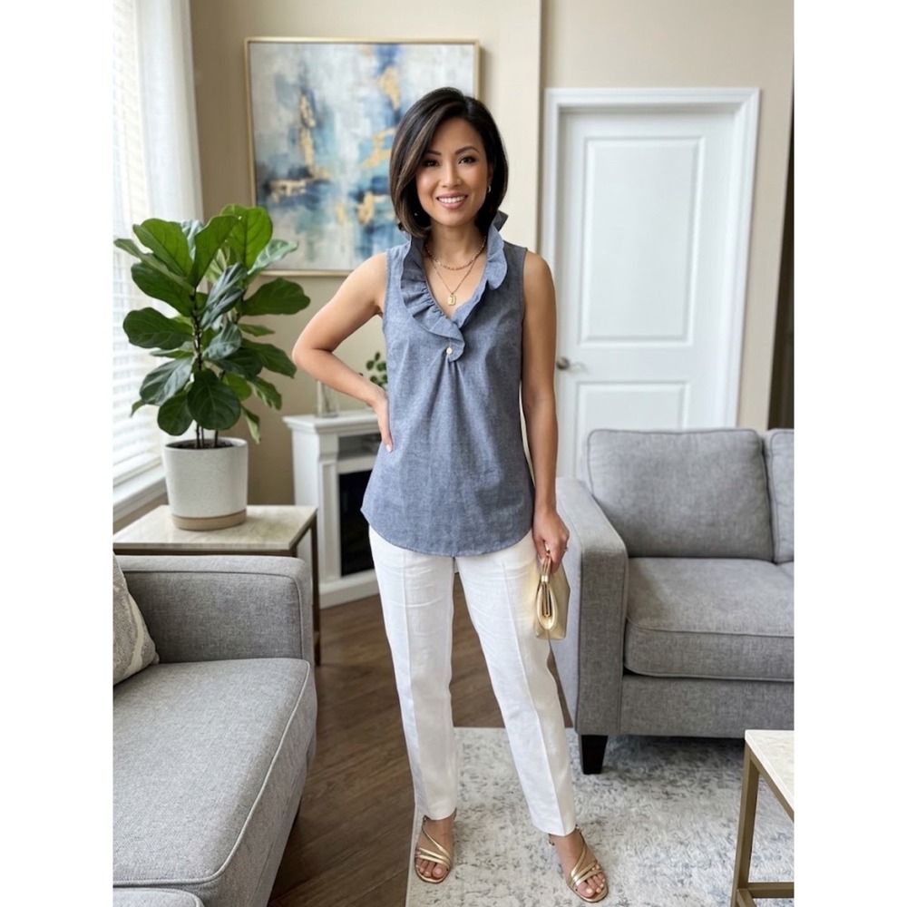 Mud Pie ladies Sleeveless Ruffle Collar Chambray Blouse XS , denim in color